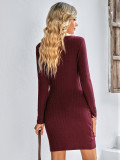 Fashion Round Neck Long Sleeve Solid Color Tie Knot Dress