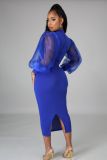Solid Color Net Yarn See-through Lantern Sleeve Hip Dress