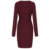 Fashion Round Neck Long Sleeve Solid Color Tie Knot Dress