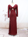 Sexy V-neck Sequin Long Sleeve Party Evening Dress