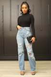 Fashion Washed Cat Whiskers High Waist Wide Leg Denim Pants