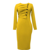 New Button Draw Pleated Pencil Dress