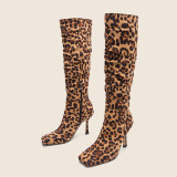 Fashion Leopard Print Square Head Fine High Heel Boots