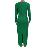 Sexy Fashion Solid Color U-shaped Collar Low-cut Long-sleeved Slim Open Dress