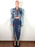 Fashion Splicing Collision Color Bubble Sleeve Denim Tops