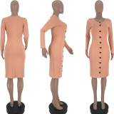 Solid Color Pit-strip Button Dress