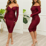 Sexy Strapless Pleated Hip Long Sleeve Dress