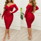 Sexy Strapless Pleated Hip Long Sleeve Dress