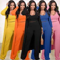 Fashion Women's Solid Color Undershirt Long Cape Pit Stripes Three pieces Set