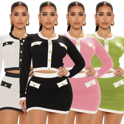 Autumn And Winter Threaded Round Neck Collar Collision Color Long Sleeve Short Skirt Temperament Suit