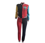 Fashion Casual Print Thread Color Blocking Button Baseball Suit
