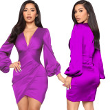 Sexy Fashion Solid Color Nightclub Women's V-neck Dress