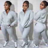 Fashion Solid Color Sweater Casual Sports Stand-up Collar Zipper Two-piece Set
