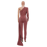 Autumn Glossy Sloping Shoulder Skinny Jumpsuit