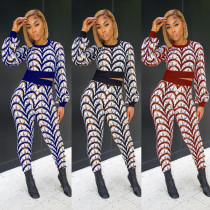 Fashion Casual Long-sleeved Long Pants Clash Color Printing Two-piece Suit