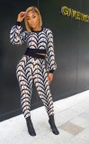 Fashion Casual Long-sleeved Long Pants Clash Color Printing Two-piece Suit