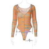 Fashion Color Blocking Print Slim Body Splicing Lace-up Long-sleeved Onesies