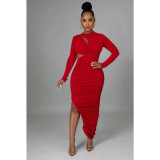 Solid Color Pleated Round Neck Long Sleeve Long Dress