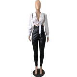Stretch PU Leather Suspenders Zipper Pants + Shirt Tops Two-piece Set