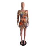 Fashion Butterfly Print Sexy Tight-fitting Long-sleeved Dress