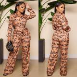 Single-breasted Lapel Letter Print Lace-up Waist Jumpsuit