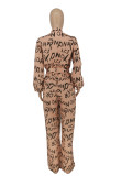 Single-breasted Lapel Letter Print Lace-up Waist Jumpsuit