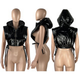 Glossy Leather Side Opening Sleeveless Strapped Hooded Vest Cotton Jacket