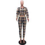 Hot Women's Checkered Zip Fashion Casual Sports Two-piece Suit