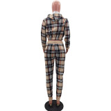Hot Women's Checkered Zip Fashion Casual Sports Two-piece Suit