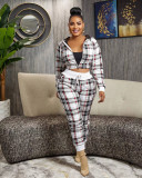Hot Women's Checkered Zip Fashion Casual Sports Two-piece Suit