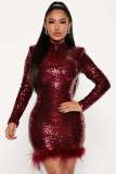 New Long Sleeve Round Neck Sequin Feather Party Dress