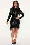 New Long Sleeve Round Neck Sequin Feather Party Dress