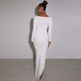 Slim Simple Solid Color V-neck Long-sleeved all-match New Split Dress