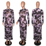 Fashion Sexy See-through Stretch Mesh Printed Dress Long Dress