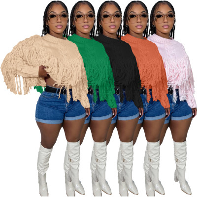 Plus Size Versatile Knitted Hand Hook Fringed Sweater