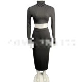 Explosive High Collar Pit sStripes Ribbed Package Hip Skirt Two-piece Set