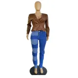 Slim V-neck PU Leather Jacket