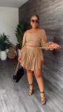 Bubble Sleeve Open Fork Top Pleated Skirt Tied Two-piece Set