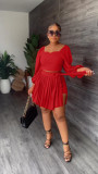 Bubble Sleeve Open Fork Top Pleated Skirt Tied Two-piece Set