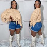 Plus Size Versatile Knitted Hand Hook Fringed Sweater