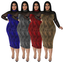Sexy See-through Splicing Bright Silk Night V-neck Long Sleeve Plus Size Dress