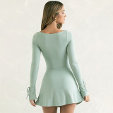 New Fashion U-neck Long-sleeved Solid Color Slim High Waist Slit Dress
