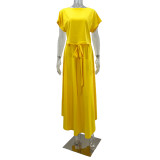 Solid Color Short-sleeved T-shirt High Waist Hundred With A Long Half-body Skirt Two-piece Set