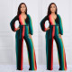 Sexy V-Neck Rainbow Striped Belt Jumpsuit