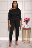 Autumn And Winter Long-sleeved Off-the-shoulder Pleated Casual Two-piece Suit