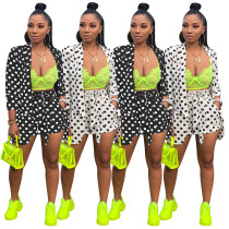 Polka Dot Print Long Sleeve Shorts Two-Piece Set