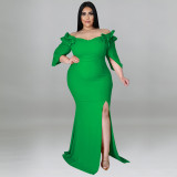 Sexy Ruffle Sleeve Bag Hip Backless Gown Dress
