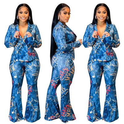 Fashion Print Long Sleeve Flared Pants Casual Two-piece Suit