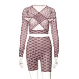 Sexy Mesh Print Crossover Reveal Umbilical Top Tight Shorts Set