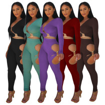 Pure Color High Elastic Pit Strip Sexy V-neck Two-piece Set